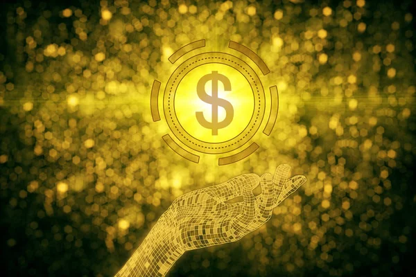 Αφηρημένη χέρι που κρατά το χρυσό σύμβολο δολαρίου σε sparkly φόντο. Πλούσιο έννοια. — Φωτογραφία Αρχείου
