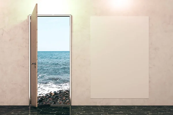 Door with view and banner — Stock Photo, Image