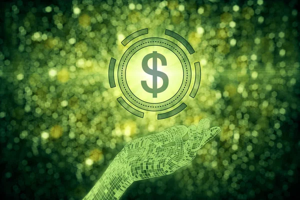 Αφηρημένη χέρι που κρατά το πράσινο σύμβολο δολαρίου σε sparkly φόντο. Έννοια εισοδήματος. — Φωτογραφία Αρχείου