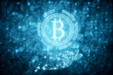 Mavi bitcoin simgesi yanıp sönen arka planda tutan soyut poligonal el. Online finans kavramı. 