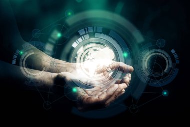 Soyut dijital modeli ile harita üzerinde koyu arka plan holding eller. Arabirim kavramı. 