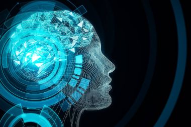 Soyut mavi dijital insan profili koyu arka plan üzerinde. Robot kavramı. 