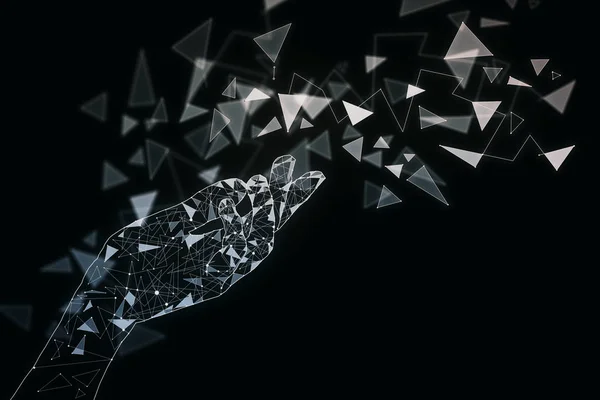 抽象的な多角形の手は、黒い背景にパターン。技術コンセプト. — ストック写真