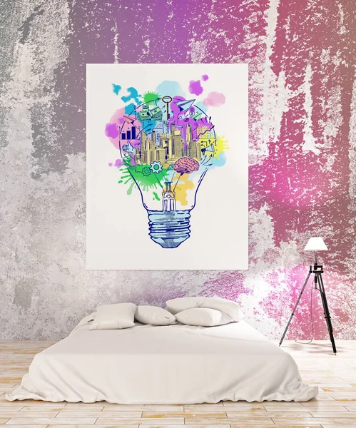 Bright bedroom interior with colorful business sketch on poster. Workshop concept. — Stock Photo, Image