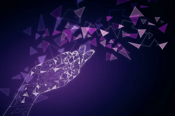 Абстрактная многоугольная рука и рисунок на фиолетовом фоне. Технологическая концепция . — стоковое фото