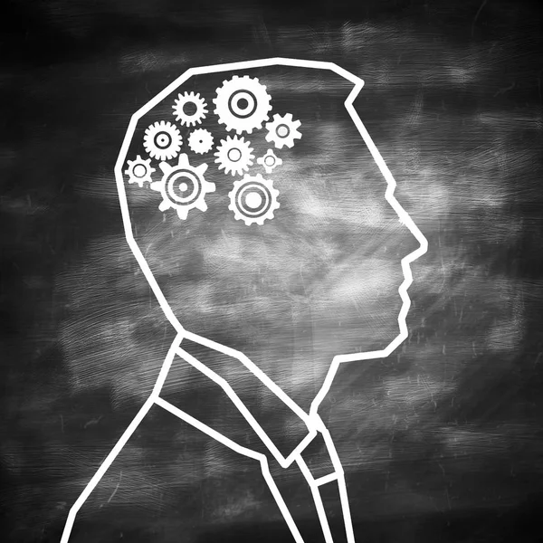 Abstrakta mannen disposition med kugghjul hjärnan på svarta tavlan bakgrund. Brainstorm koncept. — Stockfoto