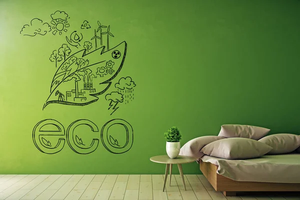 Ljus grön interiör med skiss på vägg, bord med dekorativ växt och soffan med kuddar. Eco-konceptet. — Stockfoto