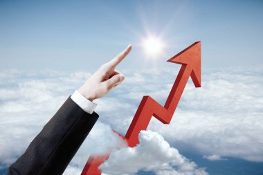 Mavi gökyüzü güneş ışığı ile işadamı'nın el ve ok işaret. Başarı kavramı. 3D render 