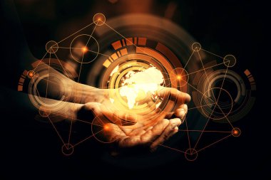 Soyut dijital modeli ile harita üzerinde koyu arka plan holding eller. Yazılım kavramı. Çift pozlama 