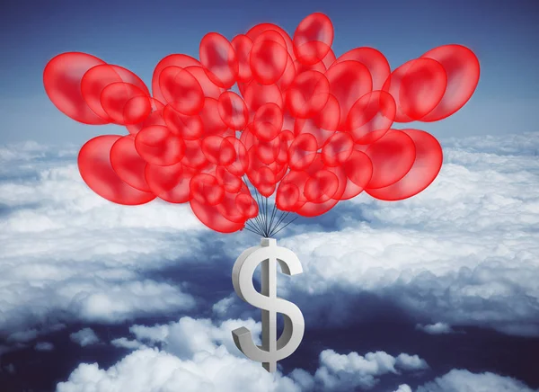 Знак долара прив'язаний до червоних куль у яскравому небі. Концепція економіки . — стокове фото