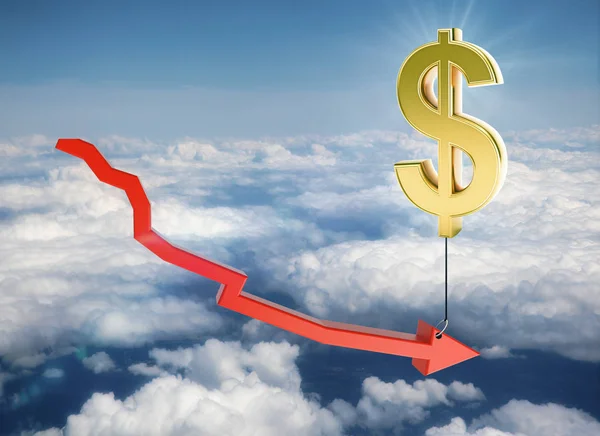 Diagram piros nyíl dollárjel léggömb a háttérégbolt kötődik. Készpénz-koncepció. — Stock Fotó