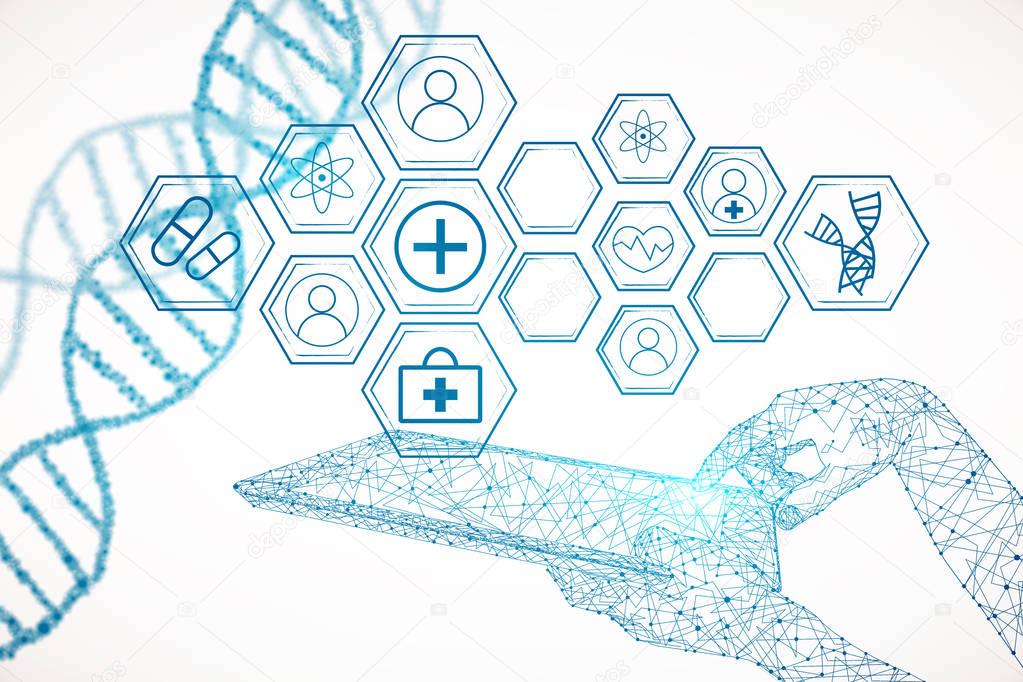Abstract polygonal doctor's hand using tablet with digital medical hologram and dna on white background. Medicine concept. 