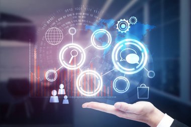 Dijital iş çizelgeleri ve simgeler bulanık iç arka plan üzerinde tutan işadamı el. Analytics kavramı. 