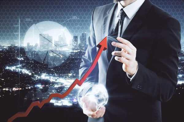 Businessman drawing abstract chart hologram on night city background. Infograph concept.Double exposure — Stock Photo, Image