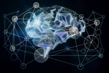 Parlayan dijital poligonal tel kafes noktası ve çizgi beyin koyu arka plan üzerine bağlı. Teknoloji, bilgi, bilgi ve tıp kavramı. 