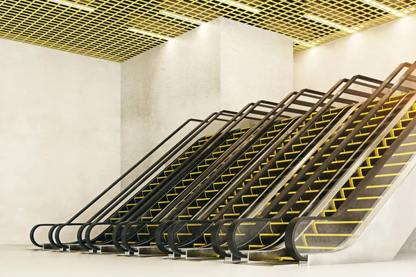 六个新的自动扶梯，在混凝土内部与创意天花板的侧面图。现代购物中心的概念。3d 渲染 — 图库照片