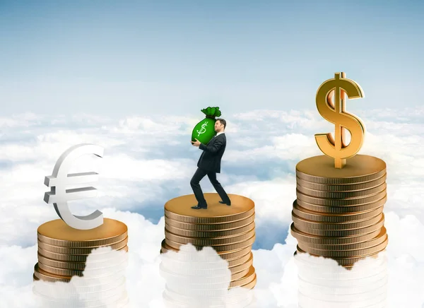 Euro ve dolar işareti gökyüzü arka plan üzerinde ile soyut sikke merdiveninde para çuval dururken holding iş adamı. Para birimi kavramı. 3D render — Stok fotoğraf