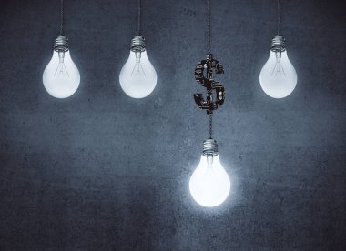 Parlayan lambaları ve beton duvar arka plan üzerinde dolar işareti. Para kavramı. 