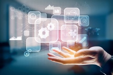 Parlayan dijital iş grafik bulanık iç tutan el. Yenilik kavramı. Çift pozlama 