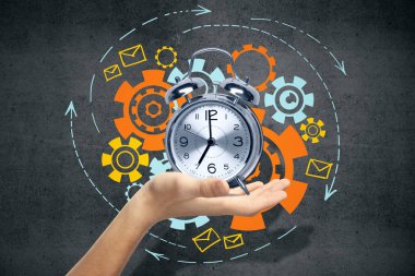 Soyut karikatür kroki ile gümüş çalar saat tutan el. Son tarih kavramı