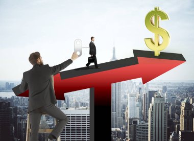 Şehir arka plan üzerinde altın dolar işareti olan kırmızı ok üzerinde yürümeye çalışan kadar sarma işadamı soyut görüntüyü ölçeklendirir. Para kavramı. 3D render 