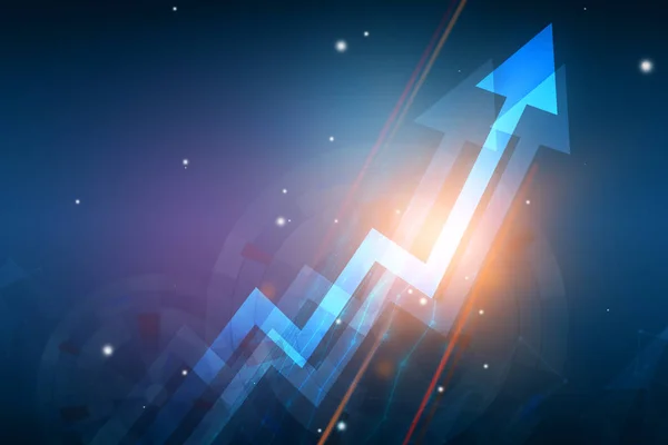 Abstract upward digital chart arrow on blue background. Sales concept. 3D Rendering