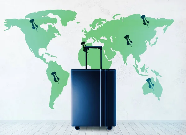 Baggage on concrete background with pinned places on map. Travel concept. 3D Rendering — Stock Photo, Image