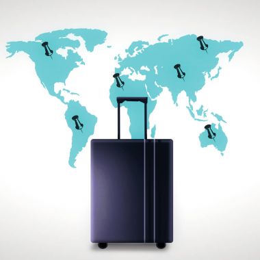 Harita üzerinde sabitlenmiş yerler ile Bagaj beton zemin üzerine. Tatil kavramı. 3D render 