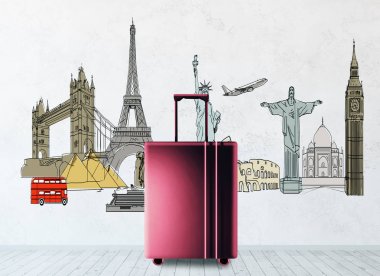 Bavul ve yaratıcı seyahat beyaz beton odasında kroki. Tatil kavramı. 3D render 