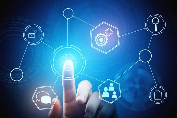 Dijital iş grafik gösteren bir el. Teknoloji, yenilik, comunication ve ağ kavramı. 3D render 