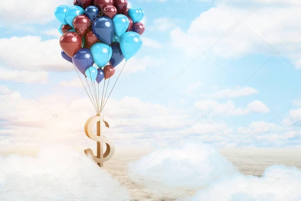 Golden dollar sign tied to balloons in bright sky with clouds. Money concept. 3D Rendering 