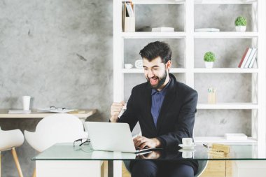 Mutlu işadamı dizüstü işyerinde kullanma 
