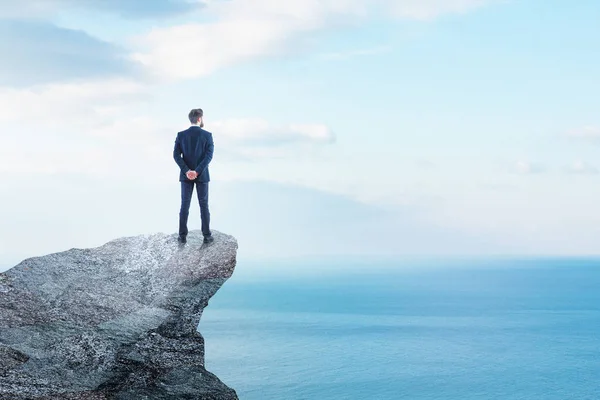 Vista trasera de un joven hombre de negocios en la cima de la montaña mirando al océano. Concepto de investigación. Copiar espacio —  Fotos de Stock