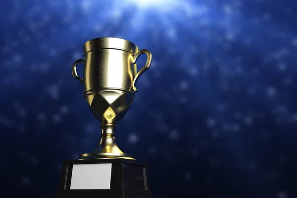 Golden winner's cup met lege plaat op glanzende blauwe achtergrond. Viering concept. Mock up, 3D-Rendering — Stockfoto