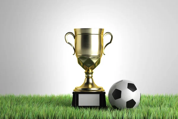 Gyllene vinnarens cup med fotboll placeras på gräs. Grå bakgrund. Ledarskap-konceptet. 3D-rendering — Stockfoto
