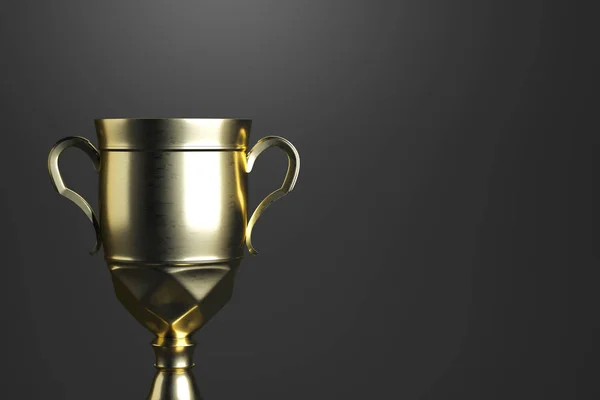 Close up van golden winner's cup op grijze achtergrond met kopie ruimte. Overwinning concept. 3D-rendering — Stockfoto