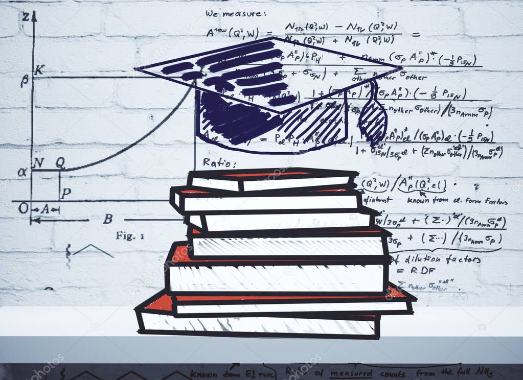 Drawn graduation cap and book pile placed on white shelf with mathematical formulas on brick wall in the background. Education concept
