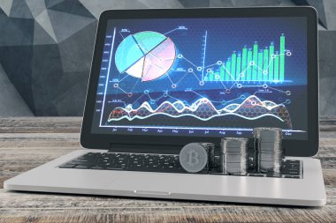 İş çizelgeleri ekranda ile parlak bitcoins laptop klavye üzerinde. Aygıt yaşında tahta masaüstüne yerleştirilir. Poligonal beton duvar içinde belgili tanımlık geçmiş. Gelir kavramı. 3D render 