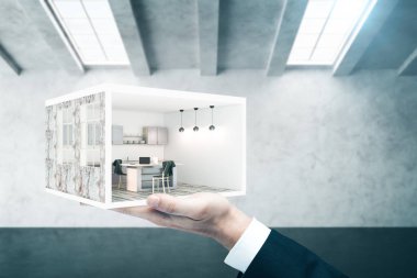 Soyut mutfak oda beton iç arka planda tutan el. Ev kavramı. 3D render 