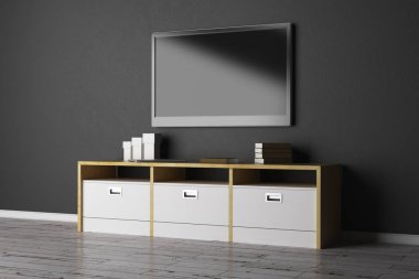 TV ile boş ekran iç beton duvar ve ahşap zemin ile ayarlayın. Sunu kavramı. Alay etmek yukarıya, 3d render 