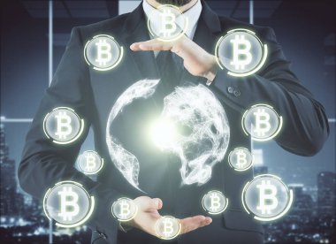 Soyut küresel bitcoin ağ iç holding iş adamı. Para kavramı. 3D render 