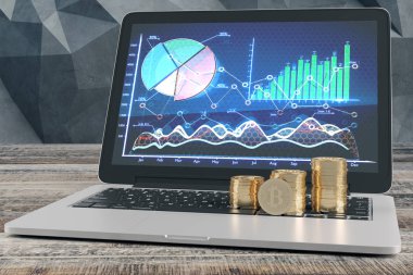 İş çizelgeleri ekranda ile parlak bitcoins laptop klavye üzerinde. Aygıt yaşında tahta masaüstüne yerleştirilir. Poligonal beton duvar içinde belgili tanımlık geçmiş. Ekonomi kavramı. 3D render 