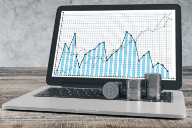 İş çizelgeleri ekranda ile parlak bitcoins laptop klavye üzerinde. Aygıt yaşında tahta masaüstüne yerleştirilir. Beton duvar içinde belgili tanımlık geçmiş. Tasarruf kavramı. 3D render 