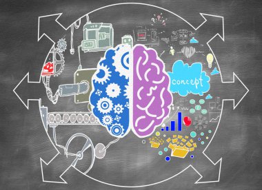 Yaratıcı iş beyin fırtınası kroki kara tahta duvar. Araştırma kavramı 