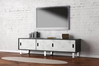 TV beyaz tuğla duvar, ahşap zemin ve halı ile oturma odası iç boş perde ile ayarlayın. Entretainment kavramı. Alay etmek yukarıya, 3d render 