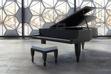Beton iç siyah piyano ve yaratıcı pencere çerçeve şehir manzaralı ve gün ışığı ile. Dekor kavramı. 3D render 
