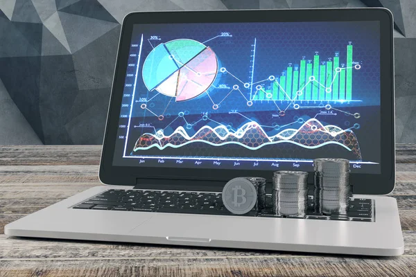 İş çizelgeleri ekranda ile parlak bitcoins laptop klavye üzerinde. Aygıt yaşında tahta masaüstüne yerleştirilir. Poligonal beton duvar içinde belgili tanımlık geçmiş. Gelir kavramı. 3D render 