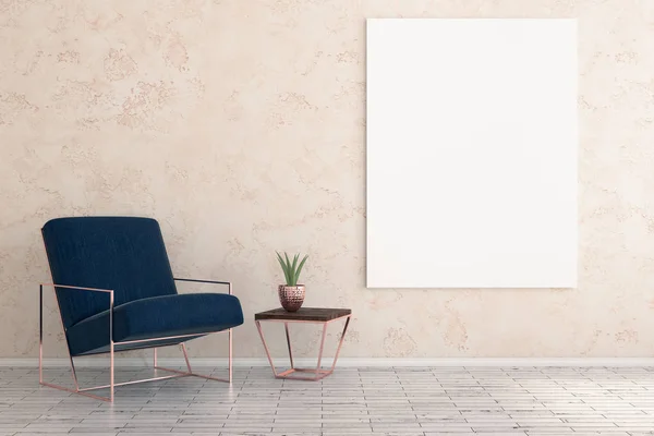 Minimalistischer Raum mit Möbeln und leeren Postern — Stockfoto