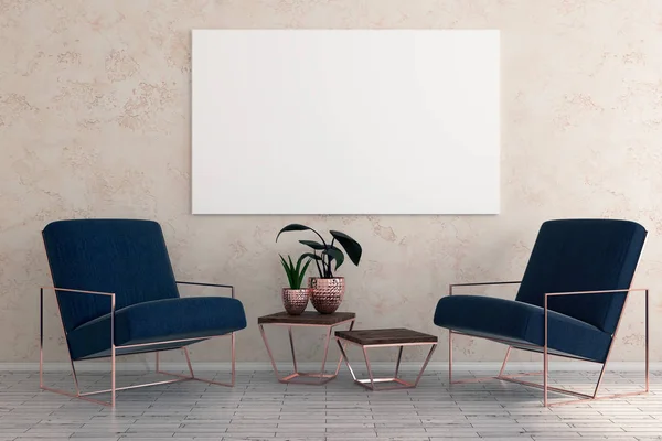 Minimalistischer Raum mit Möbeln und leeren Plakatwänden — Stockfoto