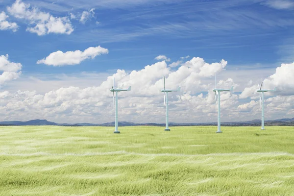 Mulini a vento in campo con erba verde e cielo blu brillante. Concetto di innovazione. Rendering 3D — Foto Stock